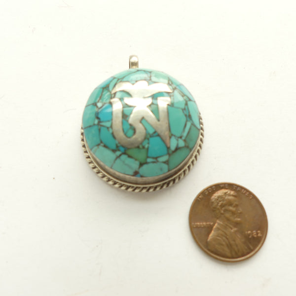 Turquoise and Silver Pendant, Round 32mm Diameter with Tibetan Om Symbol