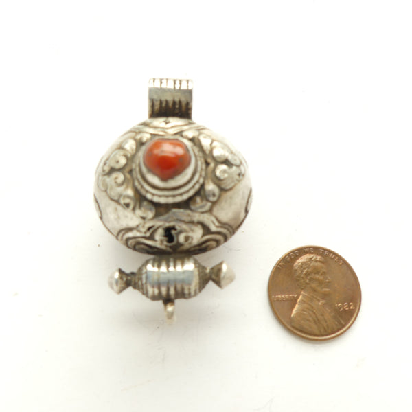 Gau, Antique Amulet Case, Silver and Copper with Coral, 30x45mm