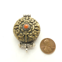 Gau, Amulet Box, Round with Gold Plated Designs and Coral Cab, 34mm Diameter