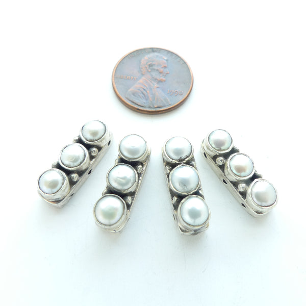 Inidan Silver, Spacer Bars, Vintage, 3 Hole 19mm Long Set with 3 White Pearls, Sold Individually
