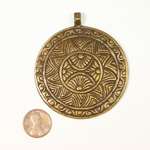 Pendant, Brass, Round Large with Geometric Designs, 2.5 inches diamater