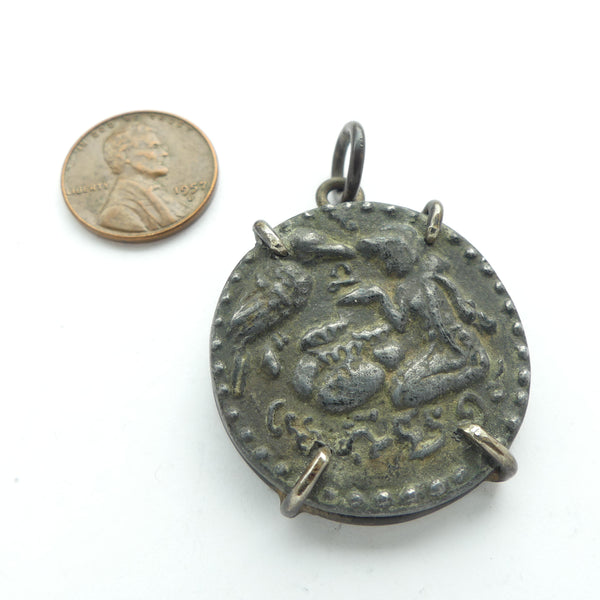 Bronze, Antique Coin Pendant, 33mm Diameter, Set in Metal Frame