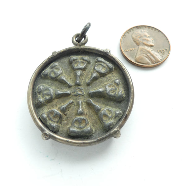 Bronze, Antique Coin Pendant, 33mm Diameter, Set in Metal Frame