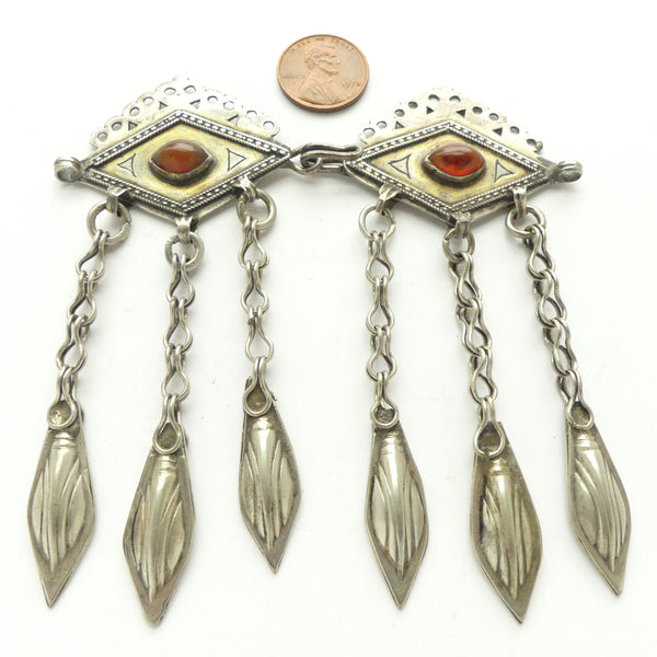 Turkoman, Clasp, Antique Silver with Fire-gilding, Carnelian and Dangles, 4x4 inches