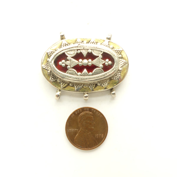 Turkoman, Small Vintage Oval Pendant with Red Glass and Granulation, 40x28mm