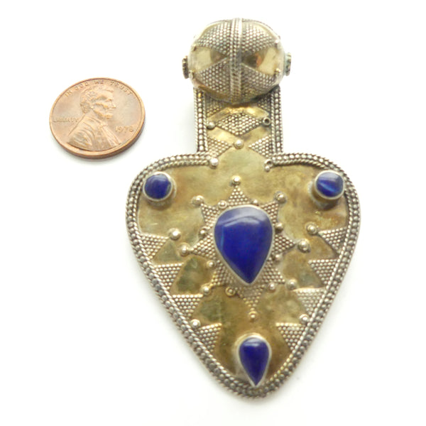 Turkoman, Heart-Shape Pendant with Bead and 4 Lapis Cabochons, 1.75x2.75 inches