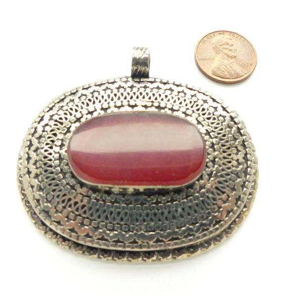 Afghan Contemporary Pendant, Oval White Metal with Carnelian 2.25x2.25