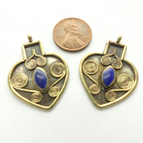 Turkoman Inspired, Mini Heart Shape Pendants with Lapis & Spiral Designs, Sold Individually