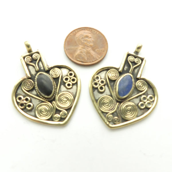 Turkoman, Mini Heart Shape Pendants with Lapis,  Ring & Spiral Design, 27x25mm
