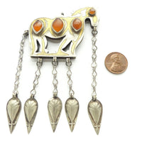 Turkoman, Antique Horse Pendant with 4 Carnelians and Dangles,  2.5x4.5 inches