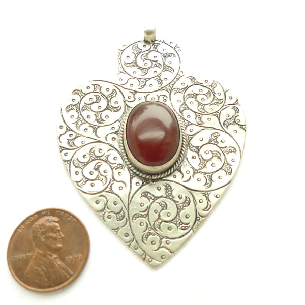 Turkoman, Heart-Shaped Pendant with Islamic Engraved Designs, 1.75 x 2.5 inches