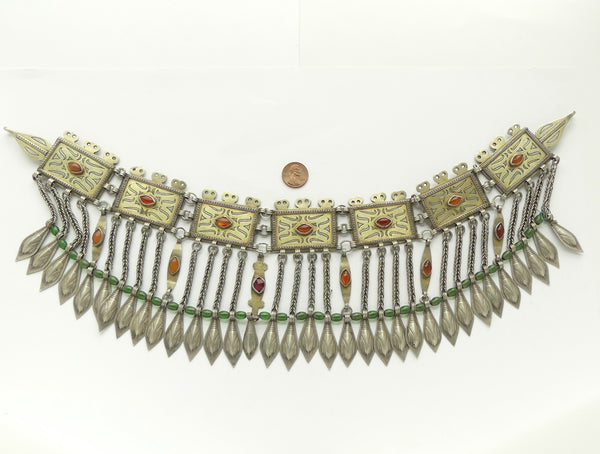 Turkoman, Antique Silver Diadem or Headdress, Fire-Gilded with Carnelians, 18 x4.75 inches