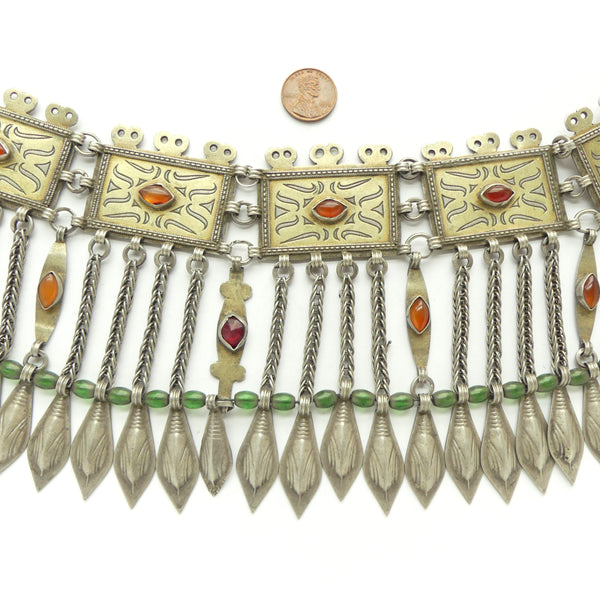 Turkoman, Antique Silver Diadem or Headdress, Fire-Gilded with Carnelians, 18 x4.75 inches