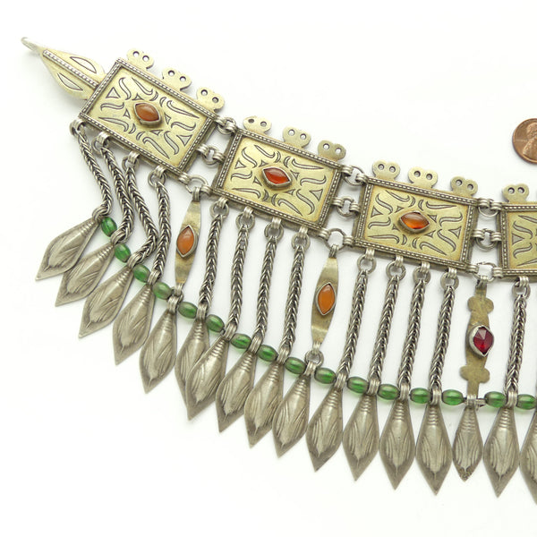 Turkoman, Antique Silver Diadem or Headdress, Fire-Gilded with Carnelians, 18 x4.75 inches