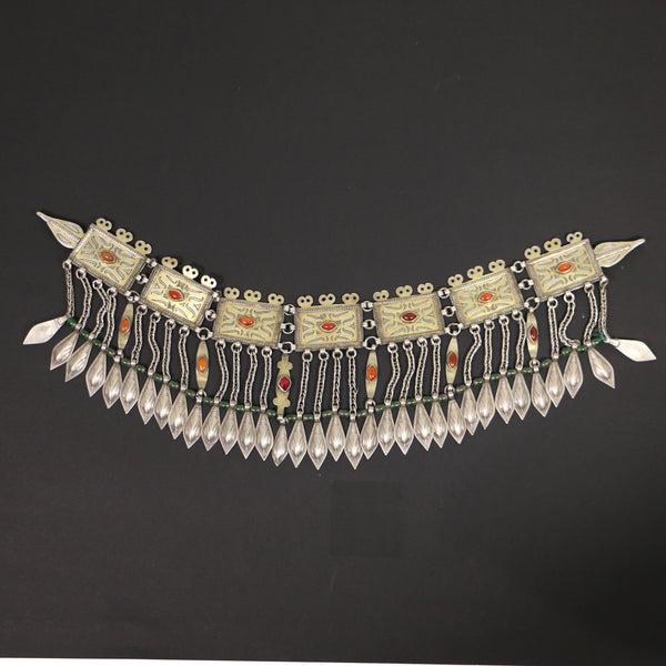 Turkoman, Antique Silver Diadem or Headdress, Fire-Gilded with Carnelians, 18 x4.75 inches