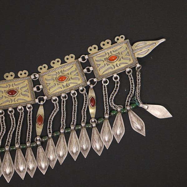 Turkoman, Antique Silver Diadem or Headdress, Fire-Gilded with Carnelians, 18 x4.75 inches