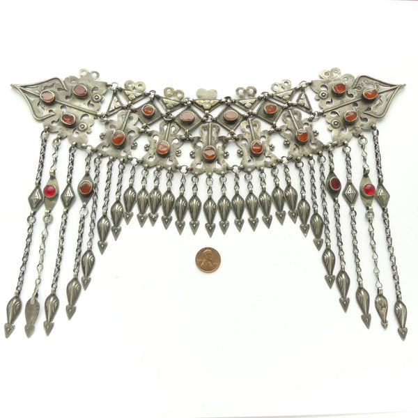 Turkoman, Antique Diadem or Headdress, Silver with Carnelians, 13 inches wide by 8 inches