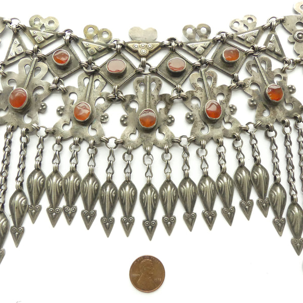 Turkoman, Antique Diadem or Headdress, Silver with Carnelians, 13 inches wide by 8 inches