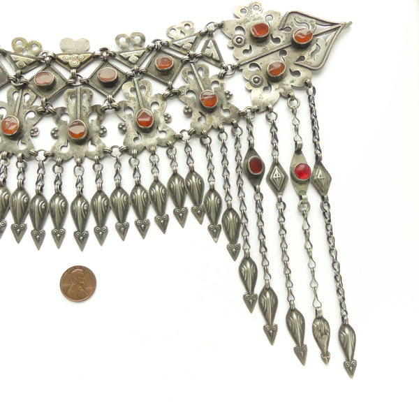 Turkoman, Antique Diadem or Headdress, Silver with Carnelians, 13 inches wide by 8 inches