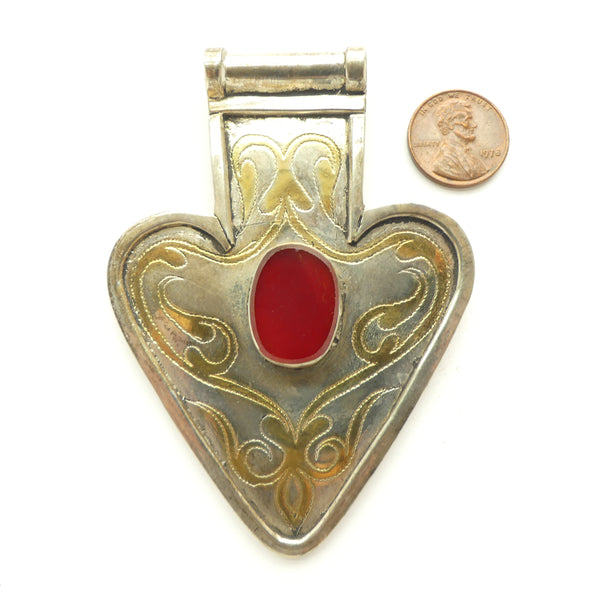 Turkoman, Heart Shape Pendant with Carnelian, Vintage, 2.5x3.5 inches