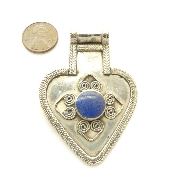Turkoman, Pendant, Vintage Silver With Round Lapis Cabohon, 2" wide, 2.5" Tall