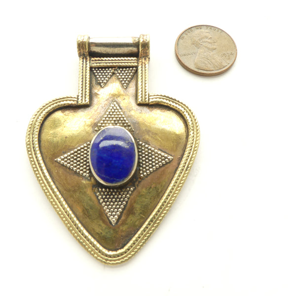Turkoman, Pendant, Heart Shape in Brass with Silver Decoration & Lapis Cab, 1.5x2.5 inches