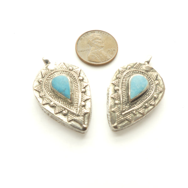 Turkoman Inspired Pendant, Silver with Turquoise Cabochon, 22x30mm Sold Individually