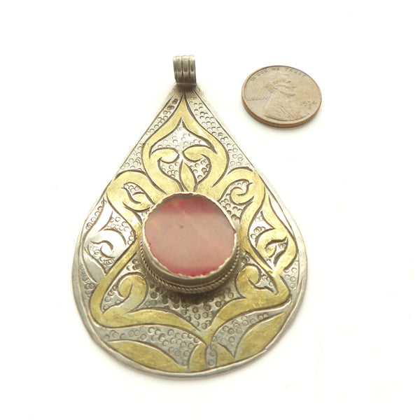 Turkoman, Pendant, Drop Shape with Round Carnelian Cabochon, 3 inches long