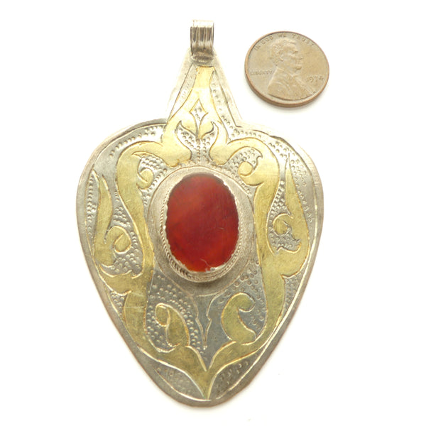 Turkoman, Pendant, Silver with Fire-gilding and Oval Carnelian Cabochon, 2x3.25 Inches