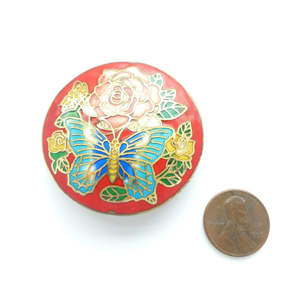 Cloisonne, New Slightly Puffy Circle, Red Base with Rose and Butterfly, 46mm Diameter
