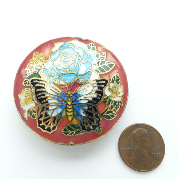 Cloisonne, New Slightly Puffy Circle, Salmon Base with Blue Rose & Butterfly, 46mm