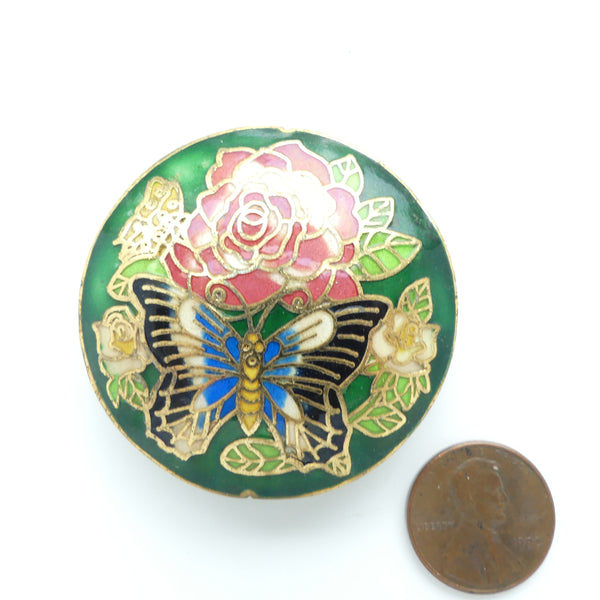 Cloisonne, Large Slightly Puffy Circle, Green with Rose & Butterfly Design, 46mm Diameter