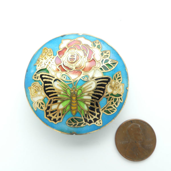 Cloisonne, New Slightly Puffy Circle with Pink Rose and Butterfly Design, 46mm