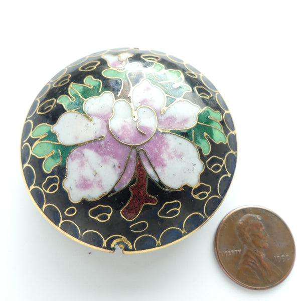 Cloisonne, Vintage Puffy Round Bead X-Lg, Black with Pink Flower, 50mm