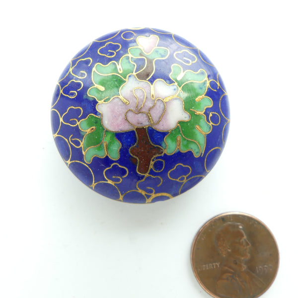 Cloisonne, Vintage Slightly Puffy Circle, Dark Blue with Pink Rose, 36mm Diameter