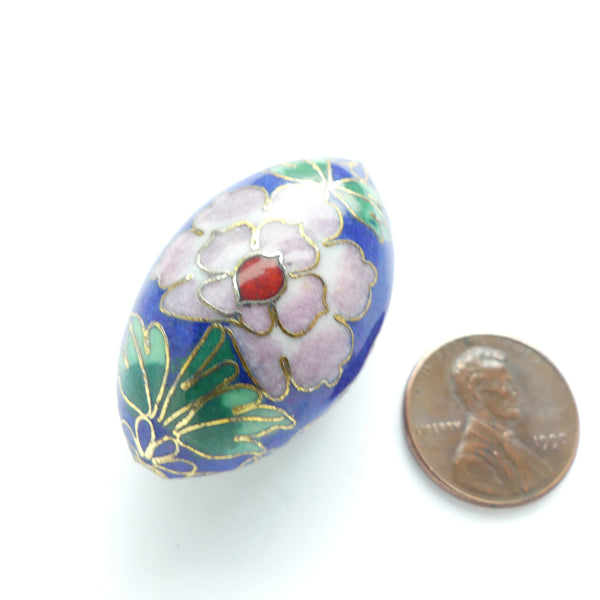 Cloisonne, Vintage Puffy Oval, Dark Blue with Pink Flowers, 37x24mm, Sold Individually