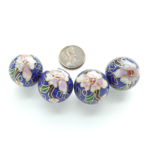 Cloisonne, Vintage Round, Black with Pink Flowers, 20mm, Sold Individually