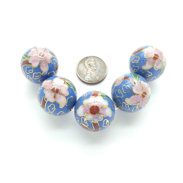 Cloisonne, Vintage Round, Medium Blue with Pink Flowers, 20mm Diameter, Sold Individually