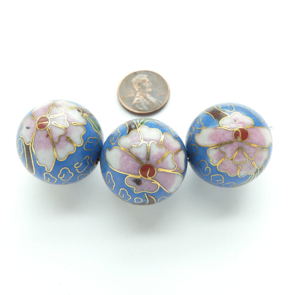 Cloisonne, Vintage Round, Medium Blue with Pink Flowers, 25mm, Sold Individually
