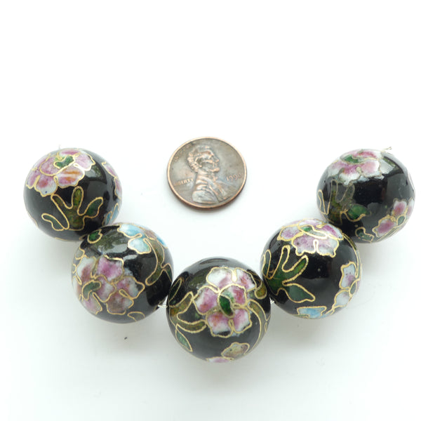 Cloisonne, Vintage Round, Black, 20mm, Sold Individually