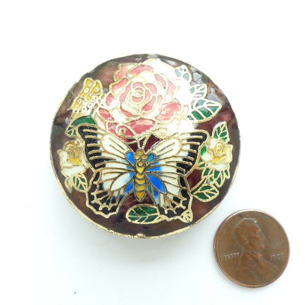 Cloisonne, Contemporary Bead, Slightly Puffy Disc Rose & Butterfly, 46mm Diameter