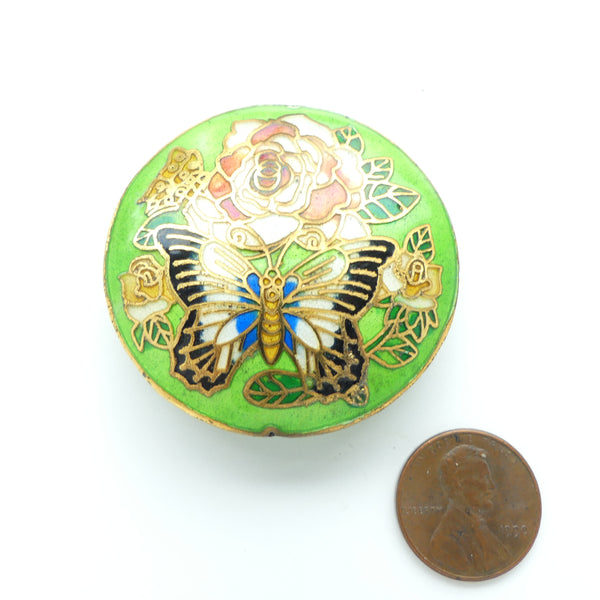 Cloisonne, New Slightly Puffy Circle, Light Green with Rose & Butterfly, 46mm Diameter