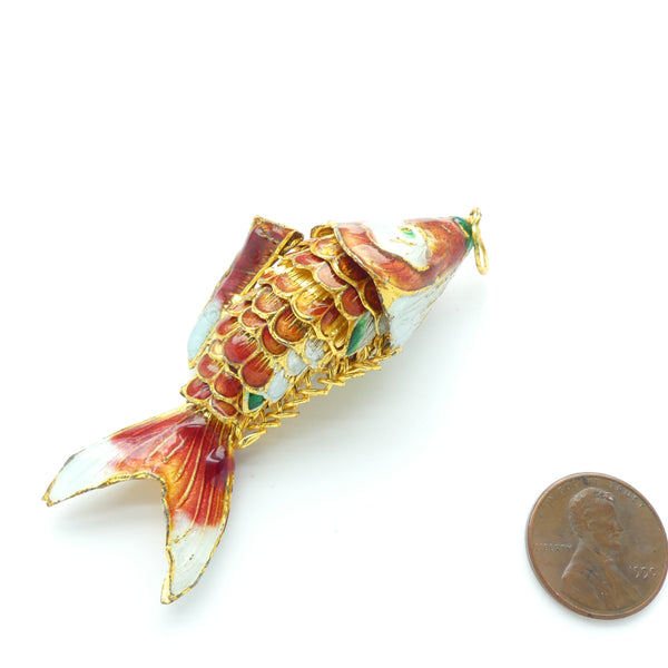 Cloisonne, Vintage X-Large Articulated Fish Pendant, Orange, 70mm