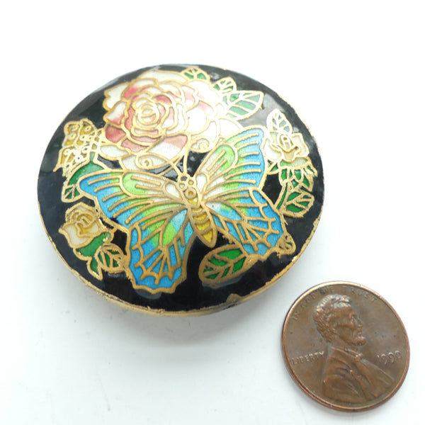 Cloisonne, New Slightly Puffy Circle, Black with Pink Rose & Blue Butterfly, 46mm Diameter