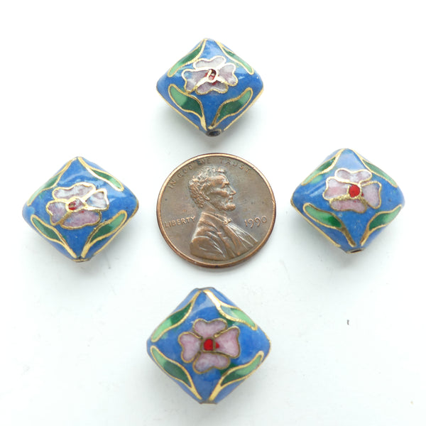 Cloisonne, Vintage Diamond Shape, Blue with Pink Flowers, 15x15mm, Sold Individualy