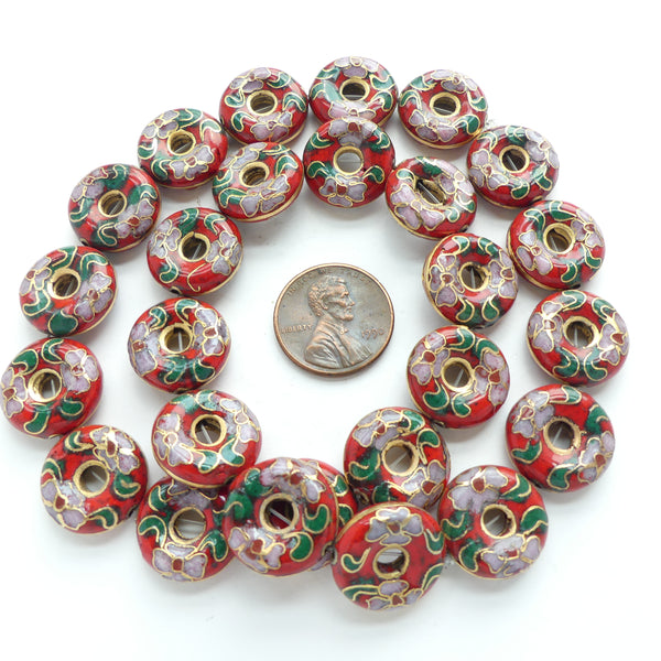 Cloisonne, Vintage Red Donut Shape with Pink Flowers, 15mm Diameter, Sold Individually