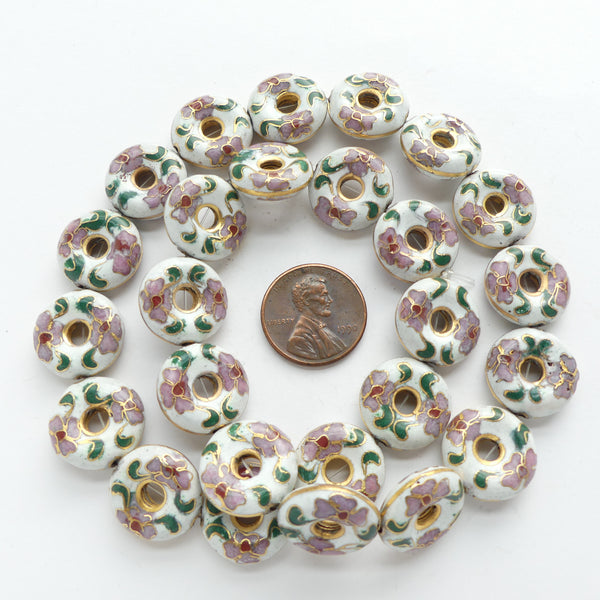 Cloisonne, Vintage, White Donut Shape with Pink Flowers, 15mm Diameter, Sold Individually