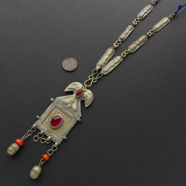 Turkoman Style White Metal Pendant with Cabochons, Dangles & Chain, Pendant  35x75mm