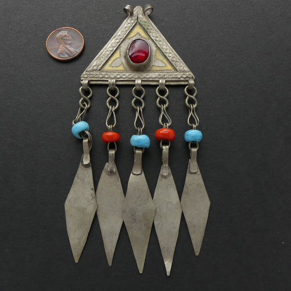Turkoman Triangle Pendant with Diamond Shape Dangles & Glass Beads, 55x45 without dangles