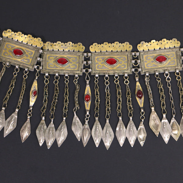 Turkoman Vintage Diadem Silver with Gilding, 9 Linked Components, 25x6 inches